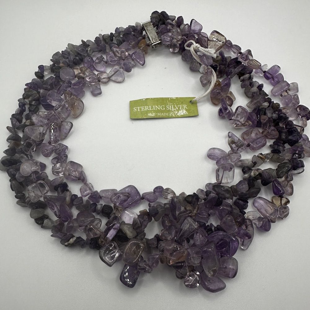 NWT,‎ 18” Gardenia multi strand polished amethyst and .925 statement necklace!